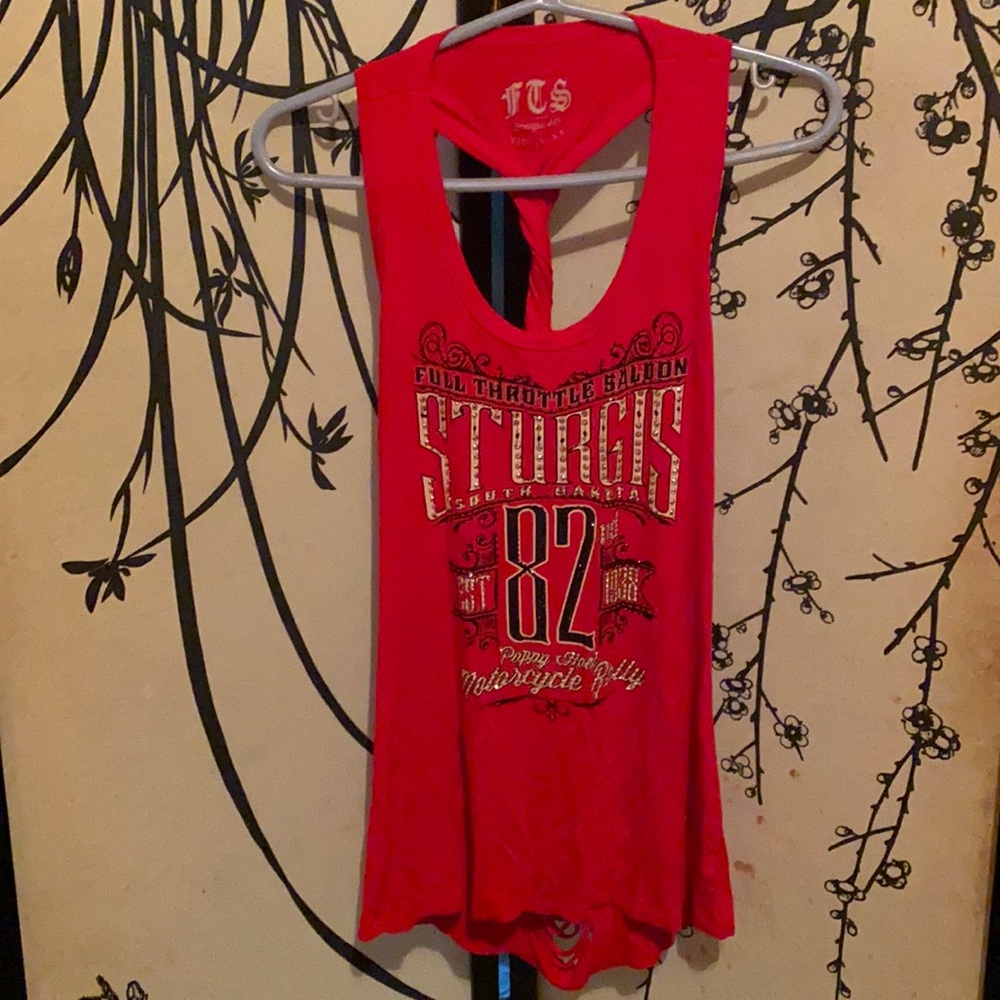 FTS Sturgis  Women’s Red Twist/Shredded Back Tank Top Embellished W/Rhinstones
